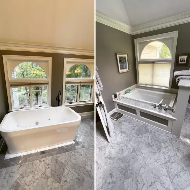 Before and after's of some 🛁 replacements we just completed. 

#masterbathroomremodel #tilework #plumbing